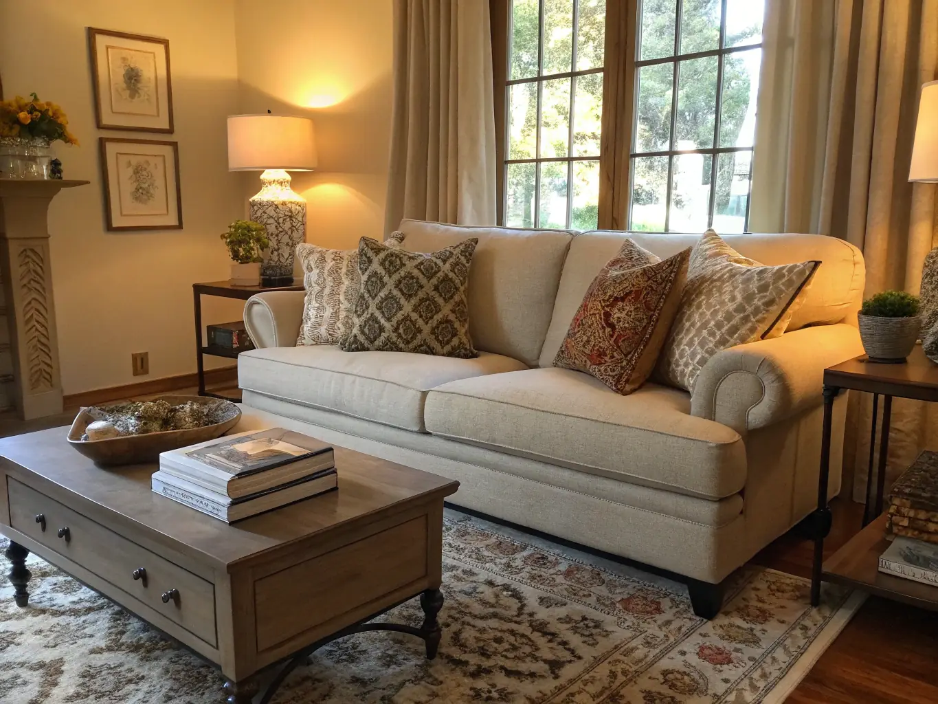 A cozy living room scene featuring a stylish sofa, patterned cushions, and a decorative coffee table, all available through affiliate links.