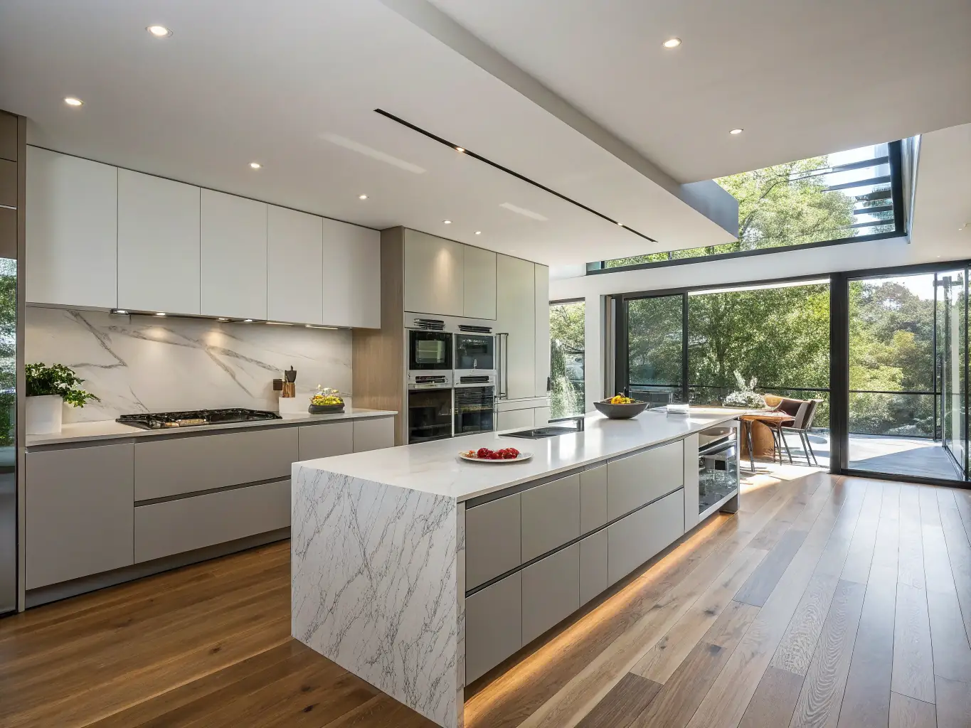 A modern kitchen with sleek cabinetry, stainless steel appliances, a marble countertop, and pendant lighting, highlighting a clean and functional design.