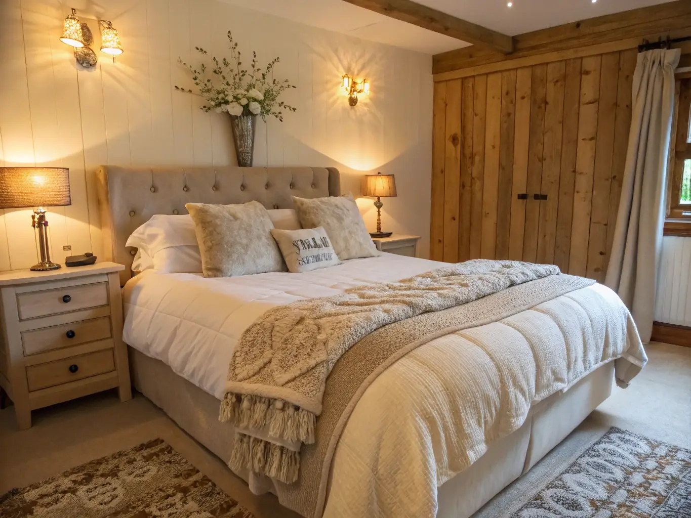 A serene bedroom setting with a luxurious duvet cover, decorative pillows, and a bedside lamp, all available through affiliate links.