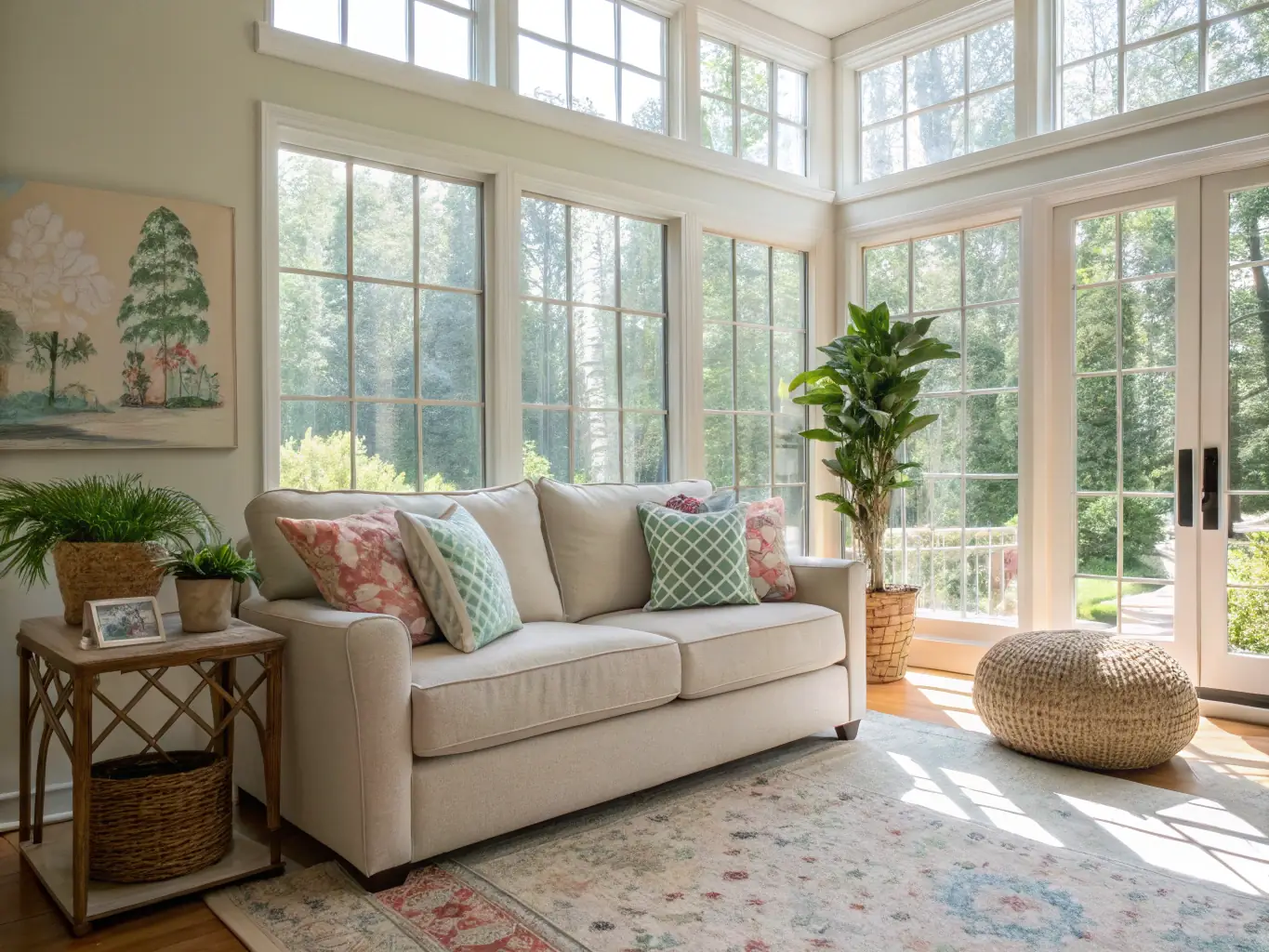 A brightly lit and inviting living room featuring a plush sofa, patterned cushions, a woven rug, and a gallery wall with diverse artwork, showcasing a modern bohemian style.