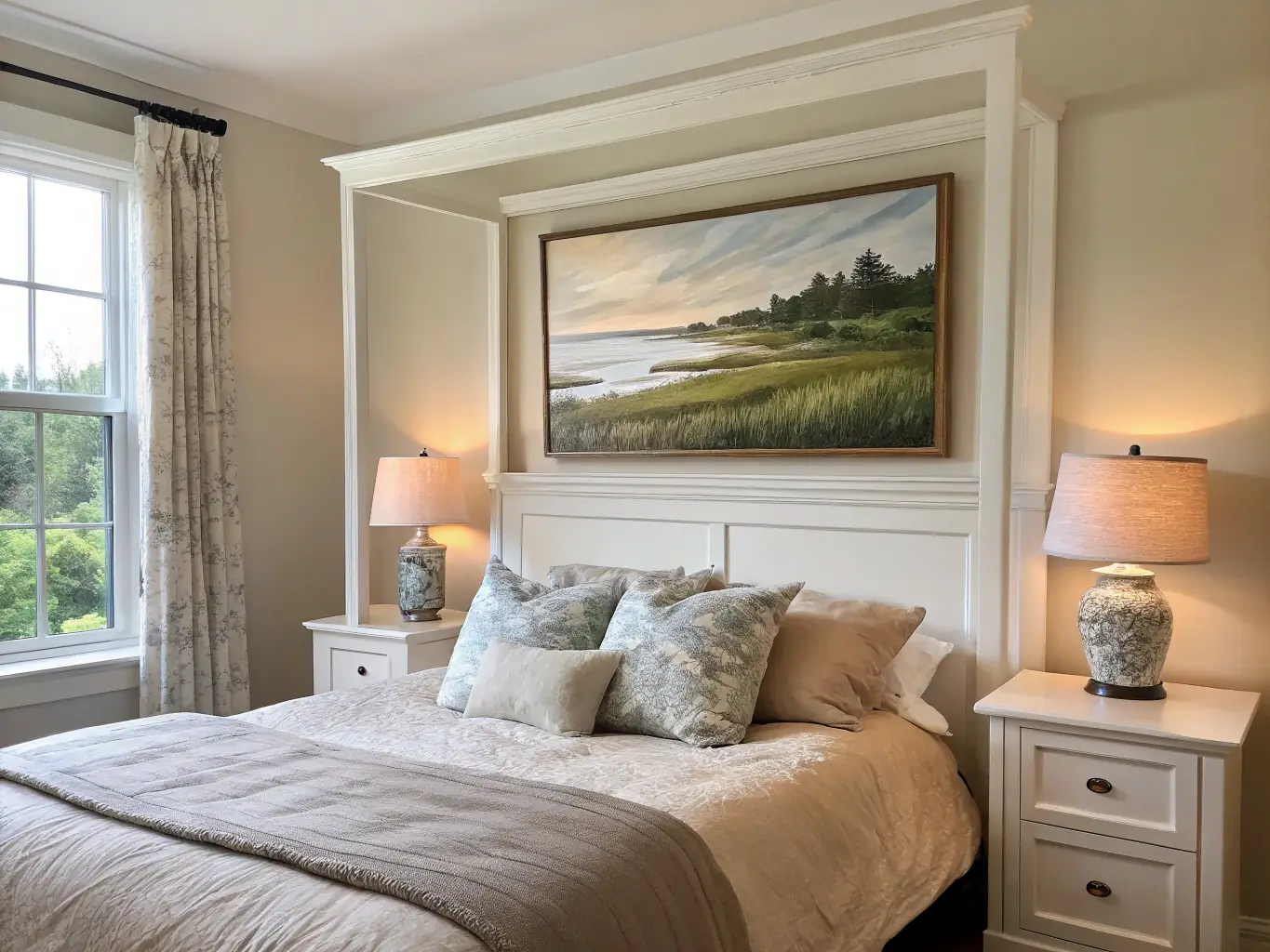 A serene and minimalist bedroom with a platform bed, soft linen bedding, a bedside table with a lamp, and a potted plant, emphasizing a calming and restful atmosphere.