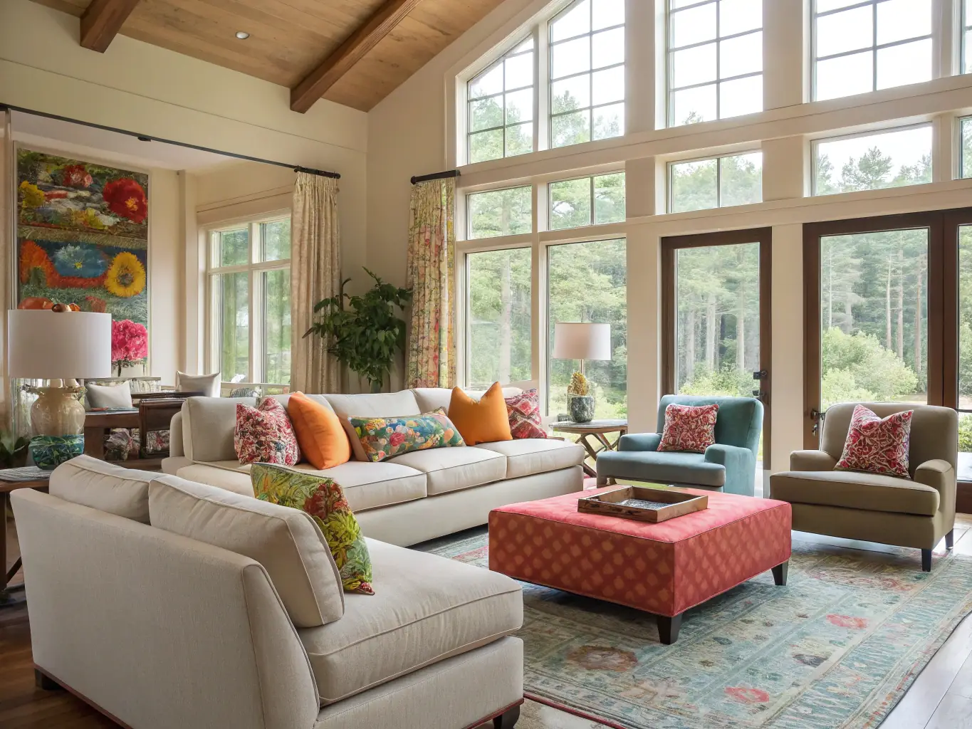 A bright and airy living room decorated for spring, with pastel colors, floral arrangements, and natural light, showcasing a fresh and vibrant seasonal atmosphere.